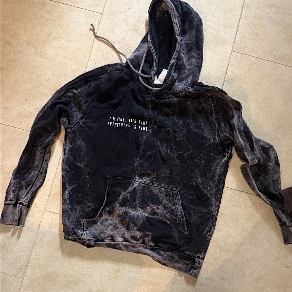 Womens Acid Wash Died Black & Gray Hoodie Medium - “Everything Is Fine” LIKE NEW